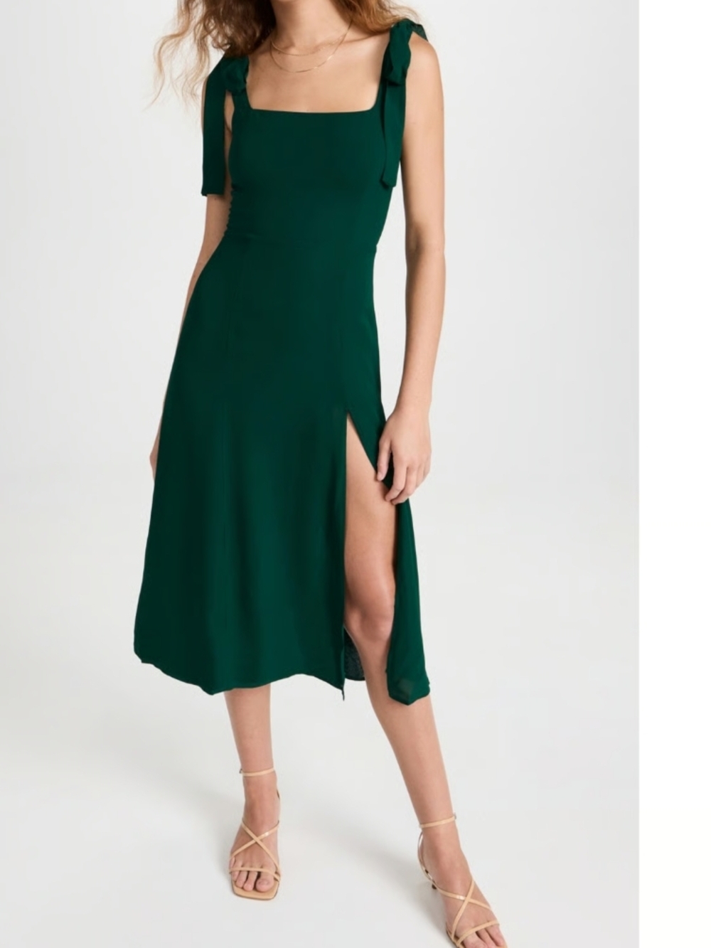 Tie-Shoulder Emerald Green Midi Dress